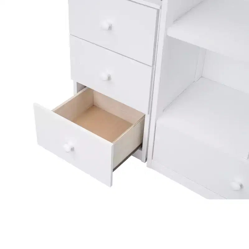 Lit mezzanine simple avec bureau en L, 3 tiroirs, armoire, rangement sous l’escalier, structure en pin massif/MDF
