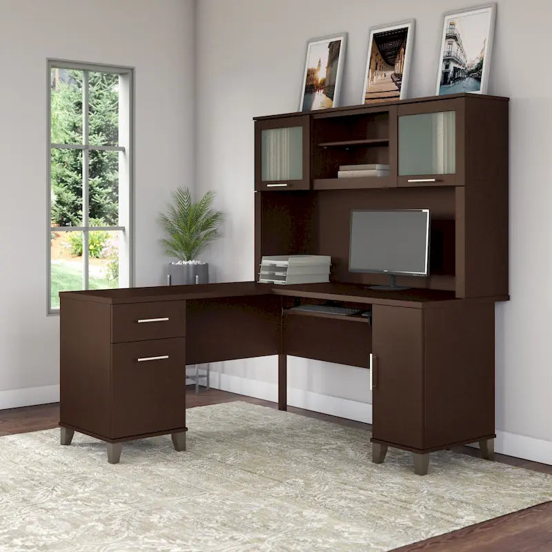 Bush Furniture Somerset 60W L-förmiger Schreibtisch mit Aufsatzregal