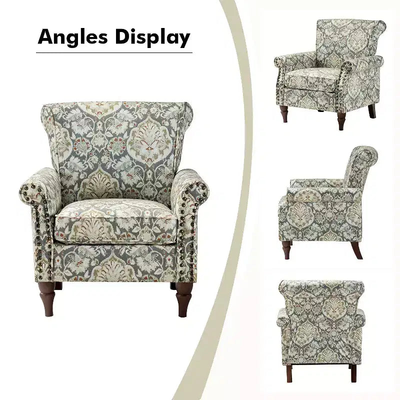 Araceli traditionele houten fauteuil met bloemenstof, hoge rugleuning met vleugels en siernagels| ART OF LIVING DESIGNS
