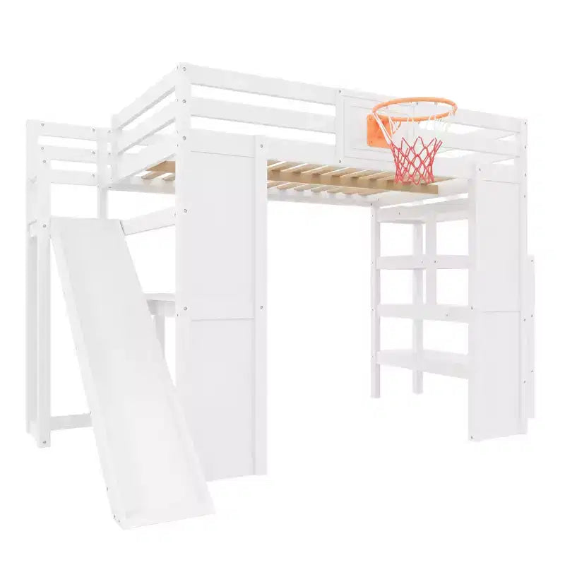 Luxystar großes Hochbett aus Holz mit Schreibtisch, Rutsche, Basketballkorb und Aufbewahrungstreppe für Kinder und Jugendliche