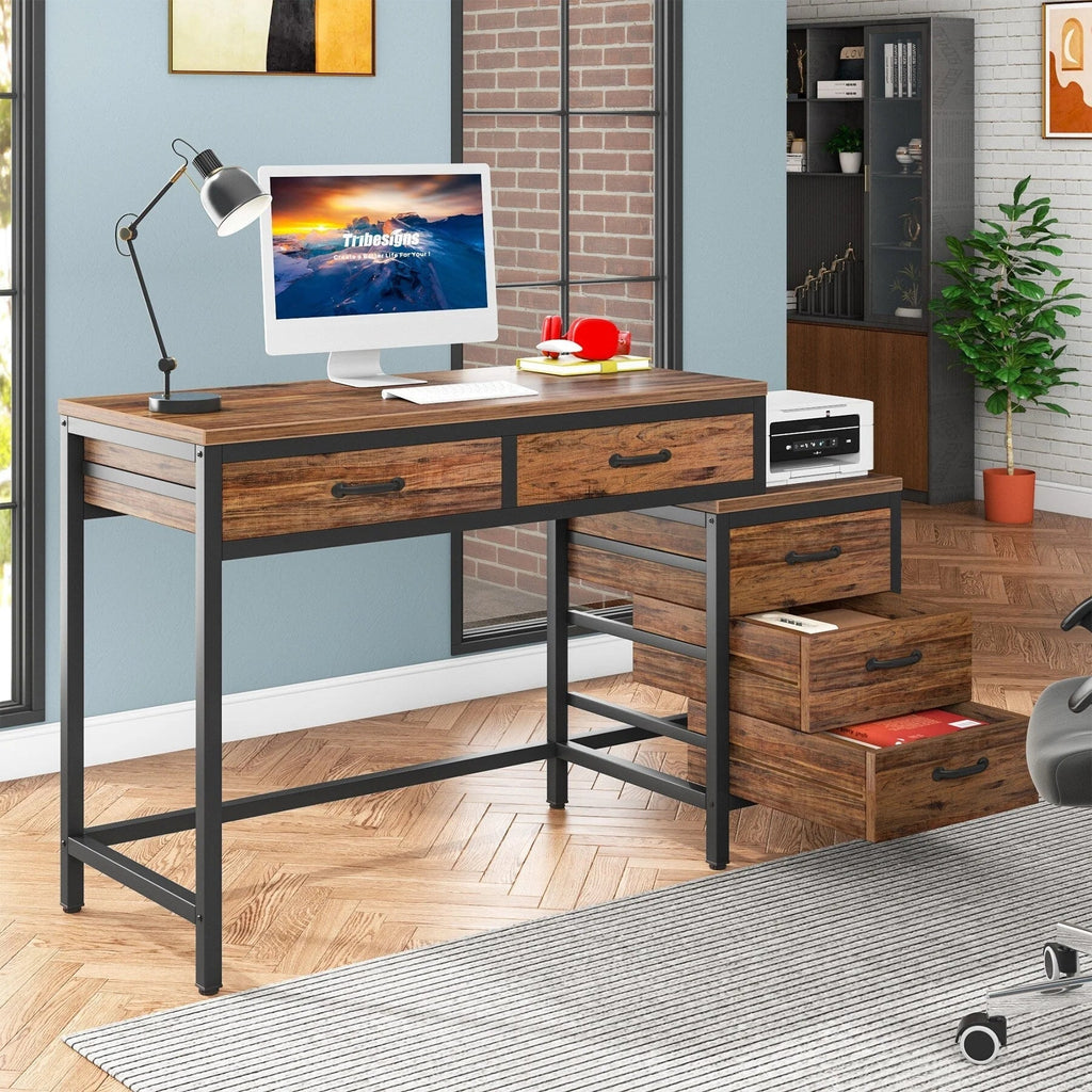 Wendbarer Computerschreibtisch mit 5 Schubladen, Schreibtisch fürs Homeoffice mit Aktenschublade und Druckerständer