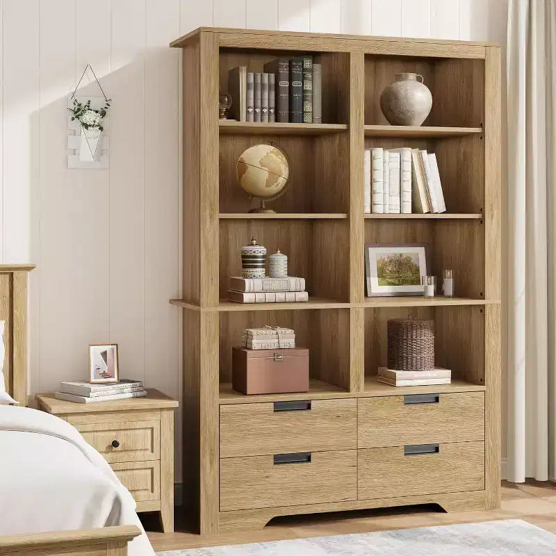 183 cm hohes Bücherregal mit 4 Schubladen, freistehendes Bücherregal im Landhausstil mit Stauraum für Schlafzimmer, Wohnzimmer und Homeoffice