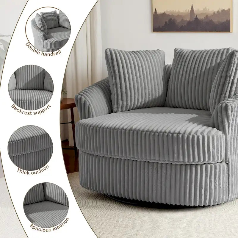 Fauteuil tonneau pivotant surdimensionné en velours côtelé moelleux, accoudoirs rentrés, 43 W
