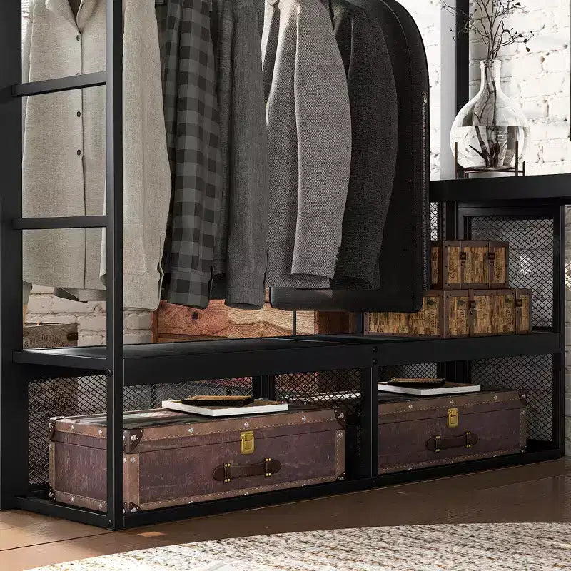 Bellemave metalen hoogslaper in queensize met bureau, opbergplanken en kledingroede, ruimtebesparend hoogslaperframe met veiligheidsrelingen en ladder, geen bedbodem nodig, zwart