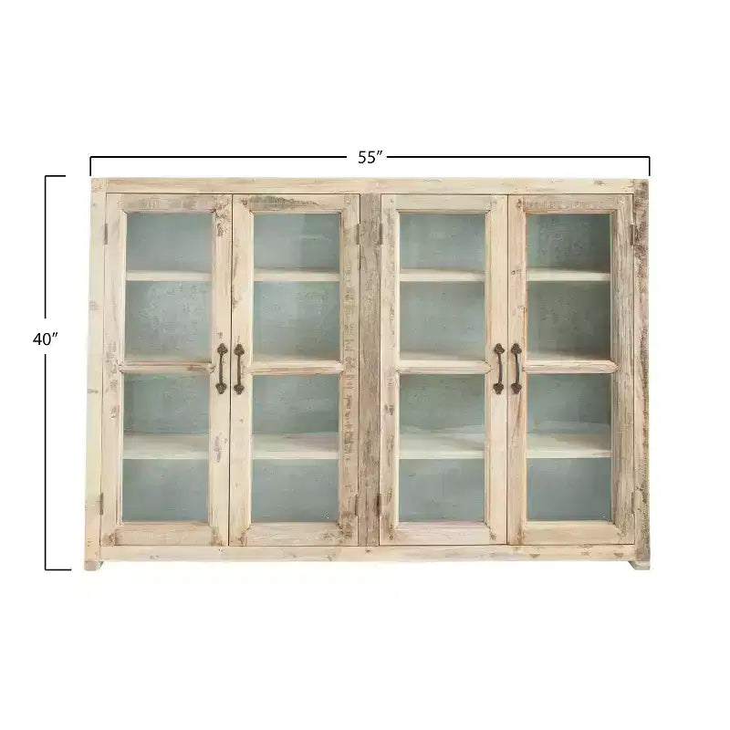 Armoire de rangement haute de 40, en bois récupéré et métal, à 4 portes vitrées, marron