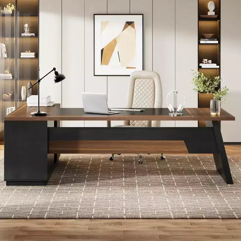 Moderner Lantine-Chefschreibtisch in L-Form, 78 L, mit Schubladen und seitlichem Aktenschrank
