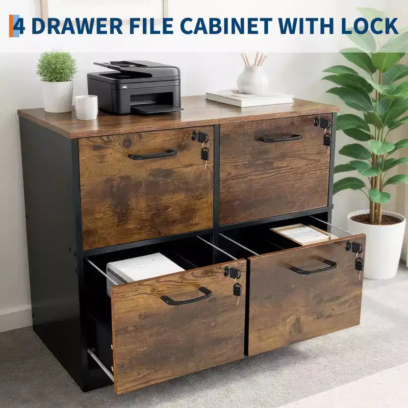 Aktenschrank mit 4 Schubladen und Schloss, Druckerständer, Holz-Aktenschrank fürs Heimbüro, Aufbewahrungsorganizer mit verstellbarer Hängeregistraturschiene