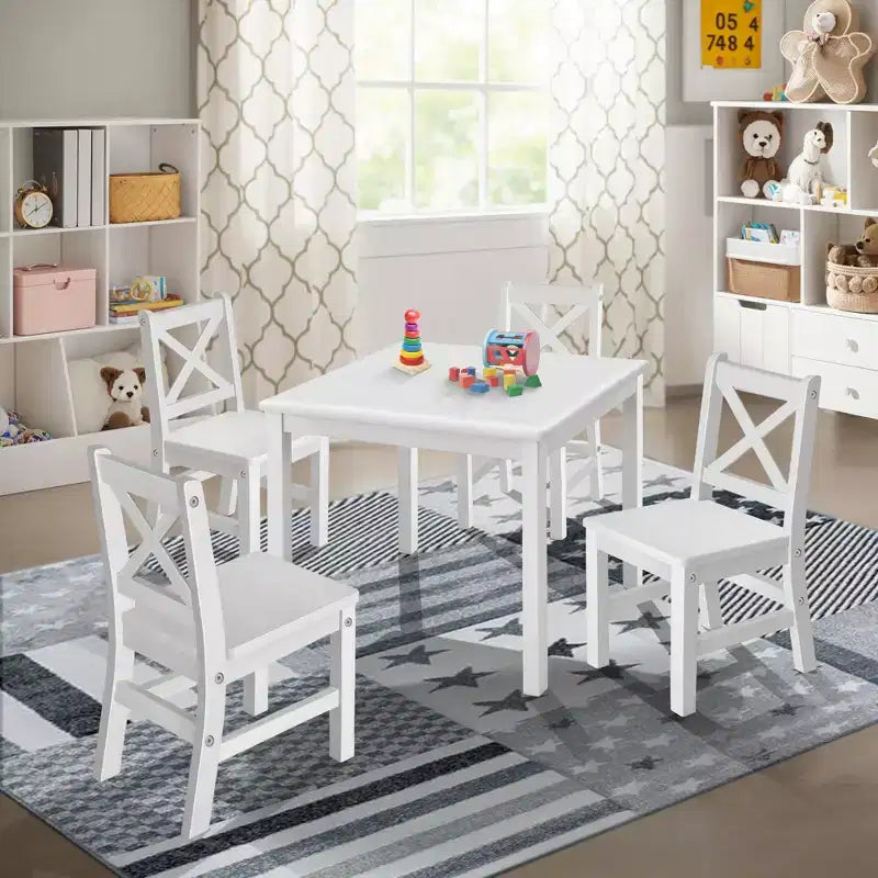 Ensemble de table et de chaises pour enfants eHemco en bois massif (4 chaises incluses), 5 pièces