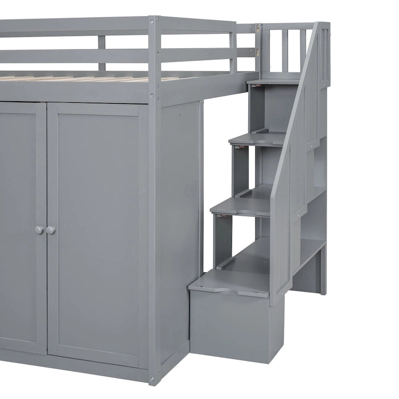 Graues Hochbett aus Massivholz mit Kleiderschränken, Schubladen und Treppe mit Stauraum