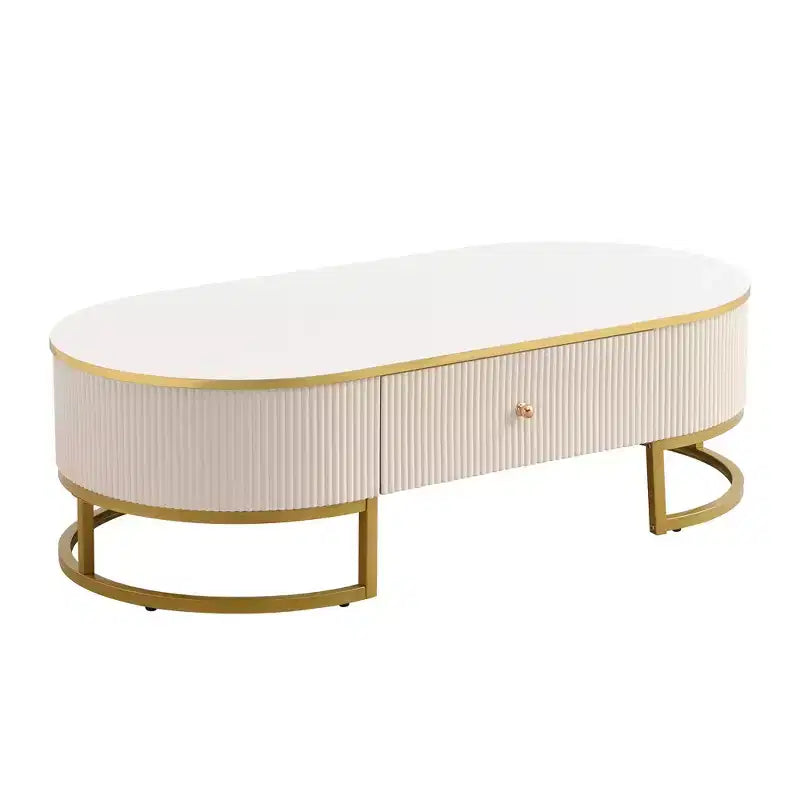 Table basse moderne 47W avec tiroirs, profil incurvé, pieds en métal doré, ovale, blanc et or - ModernLuxe