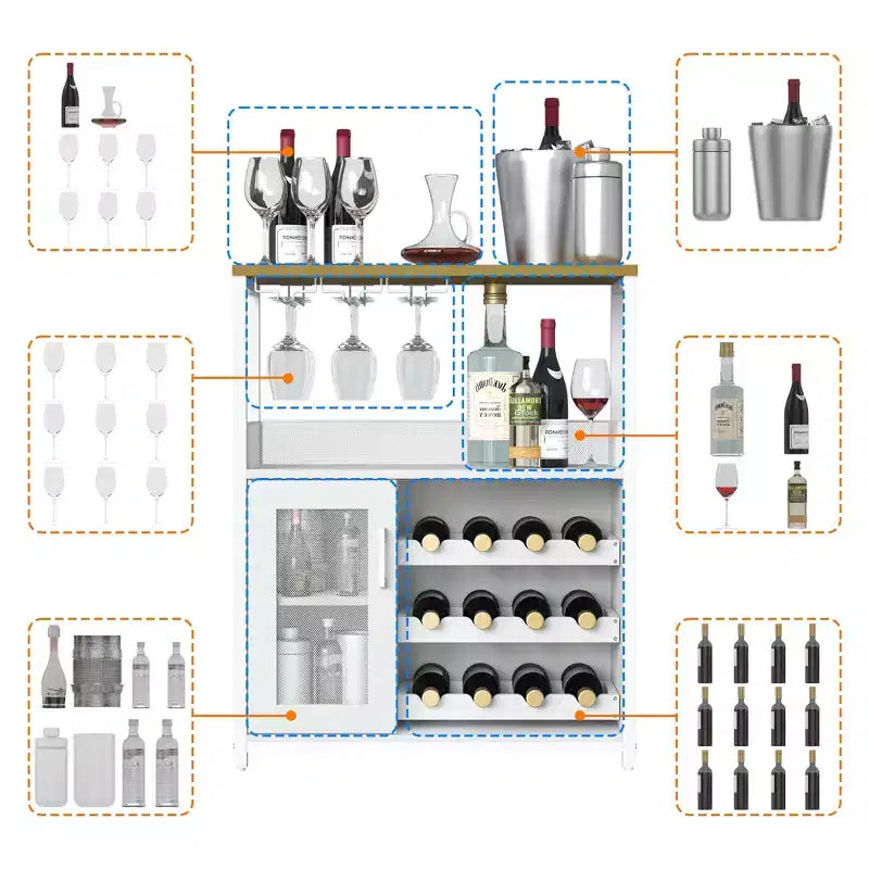 Grijze industriële wijnkast met 3 niveaus (12+ flessen) 36H x 24W x 15D, afneembaar rek, 9 glashouders en verstelbare planken voor thuis of de bar