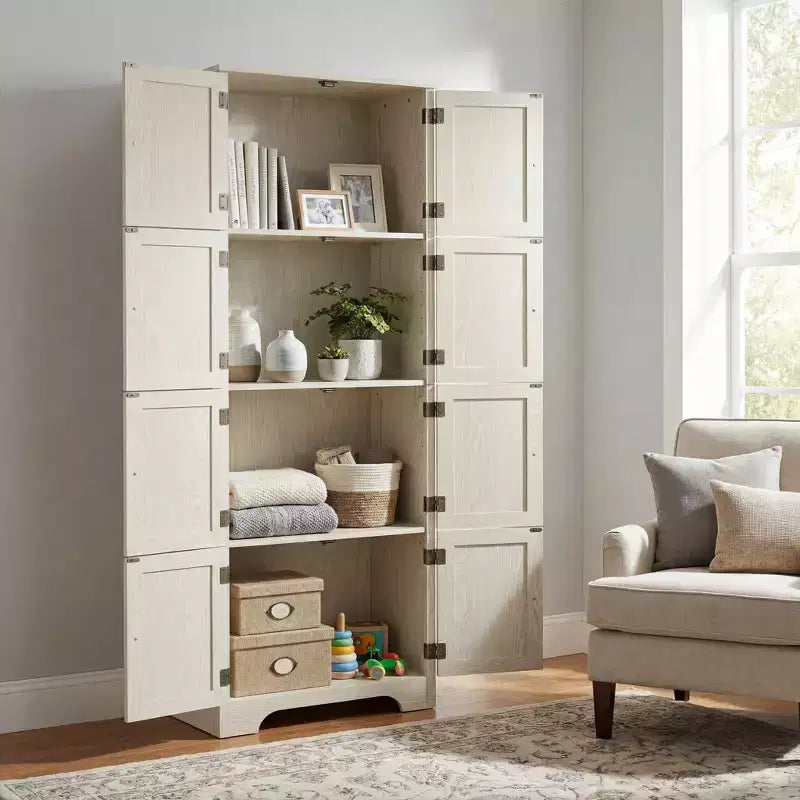 Armoire de rangement haute autoportante blanche de 72.4, avec 8 portes et 4 étagères
