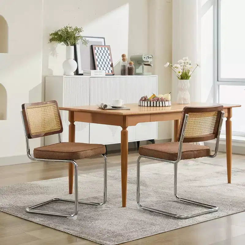 Lot de 2 chaises de salle à manger modernes avec assise en lin, dossier en rotin et piètement chromé