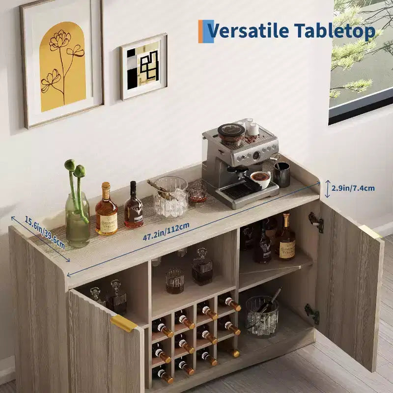 Moderne Weinbar-Kommode, 47, mit 9 Glashaltern, 12 Weinregalen, geriffeltem Design und 2 Türen, Sideboard mit Stauraum für Ess- und Wohnzimmer