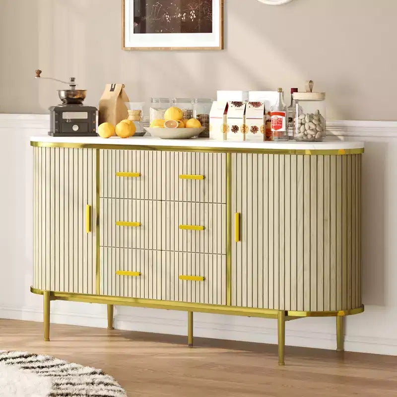 Credenza rustica da fattoria scanalata da 59in, mobile porta TV e consolle multimediale con 6 cassetti e 2 ante scorrevoli, versatile mobile contenitore per soggiorno