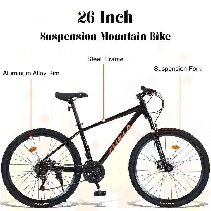 Whisen 26 geveerde mountainbike met derailleur achter met 8 versnellingen, voorvork, KENDA-banden en dubbele schijfremmen