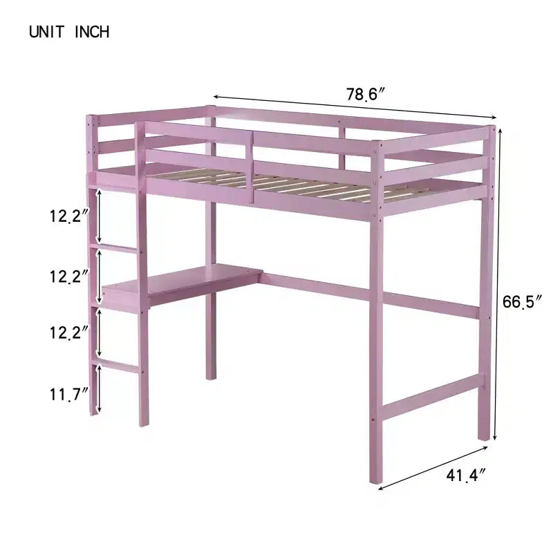 Lit mezzanine minimaliste Okak avec échelle, lit mezzanine pour lit simple en bois d’hévéa avec garde-corps de sécurité et bureau intégré, cadre de lit pour enfants et adolescents