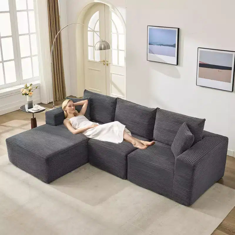 108 Modernes 3-Sitzer-Sofa, gepolstertes Sofa in L-Form mit Kissen, Sofa mit tiefer Sitzfläche, keine Montage erforderlich