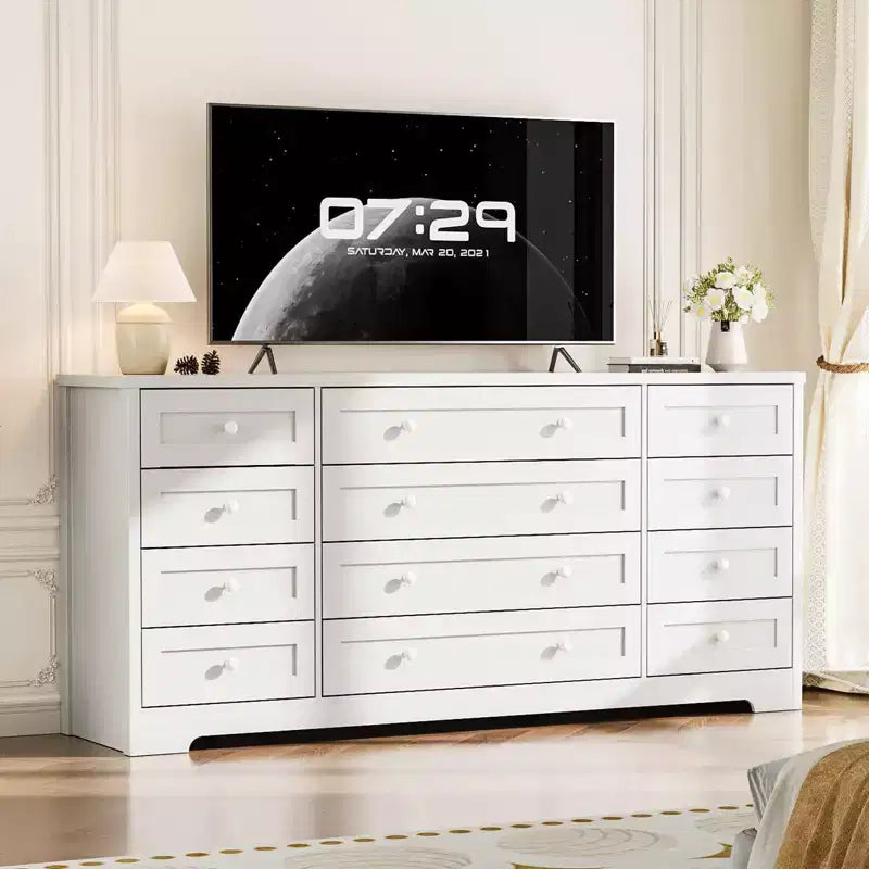 Commode en bois à 12 tiroirs pour chambre, meuble TV moderne et large pour téléviseur de 65 pouces, commode en bois, rangement champêtre pour vêtements dans le salon