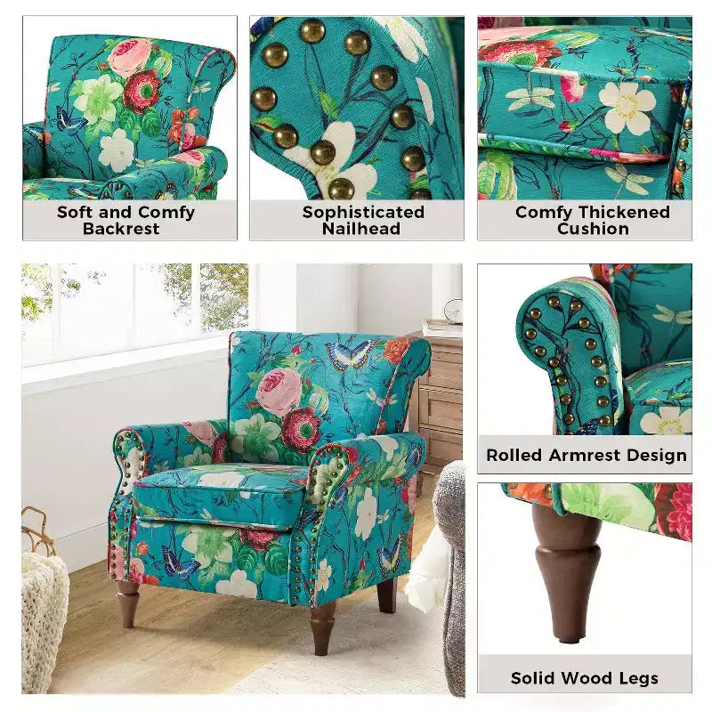 Araceli traditionele houten fauteuil met bloemenstof, hoge rugleuning met vleugels en siernagels| ART OF LIVING DESIGNS