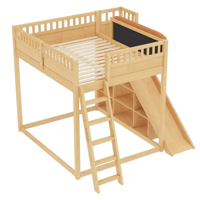 Lit mezzanine Bellemave avec tête de lit rembourrée et étagères de rangement, cadre en bois massif avec échelle et toboggan pour enfants