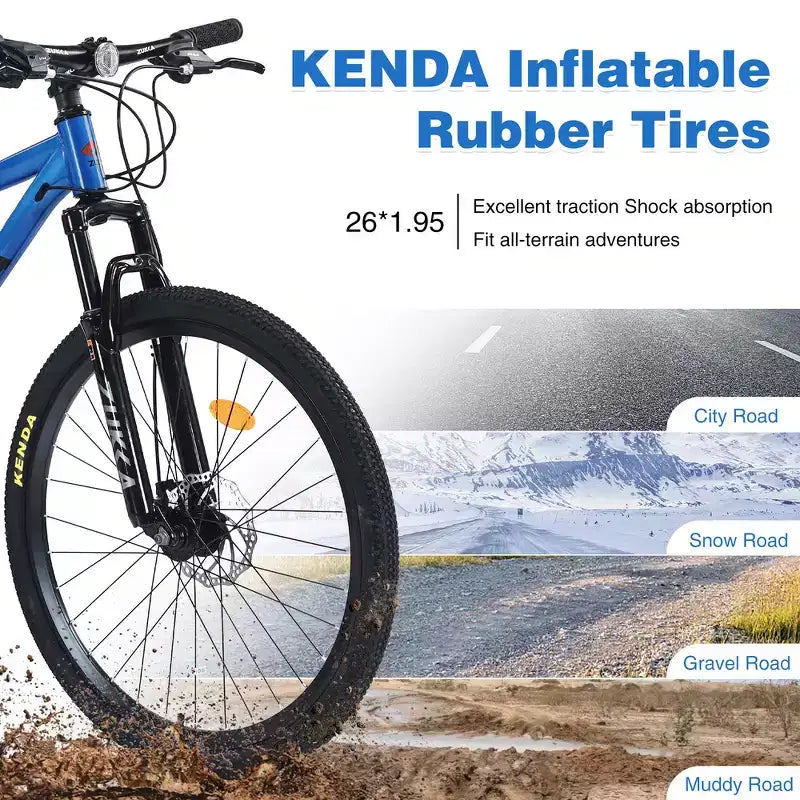 Whisen 26 geveerde mountainbike met derailleur achter met 8 versnellingen, voorvork, KENDA-banden en dubbele schijfremmen