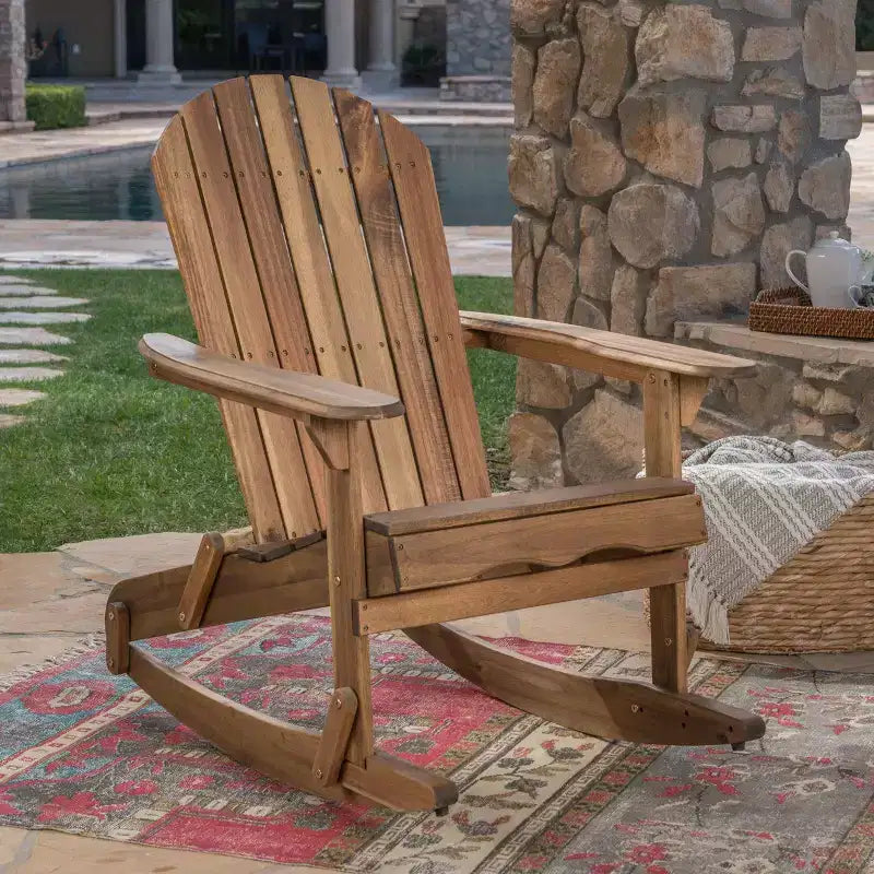 Okak rustikaler Adirondack-Schaukelstuhl aus hochwertigem Akazienholz, 1 Stück, gemütlicher Outdoor-Sessel für Veranda, Hinterhof und Garten, naturfarben