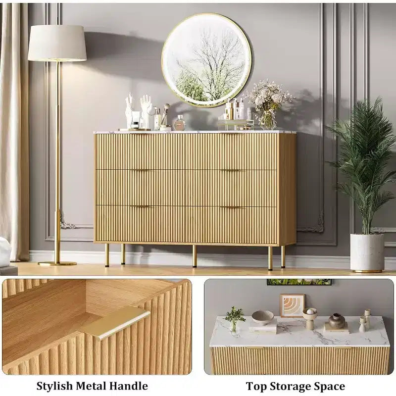 COZONY ladekast met 6 laden en geribbeld ontwerp, moderne houten opbergkast, brede ladekast voor slaapkamer, woonkamer en hal