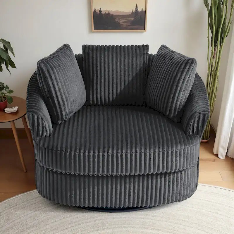 Fauteuil tonneau pivotant surdimensionné en velours côtelé moelleux, accoudoirs rentrés, 43 W