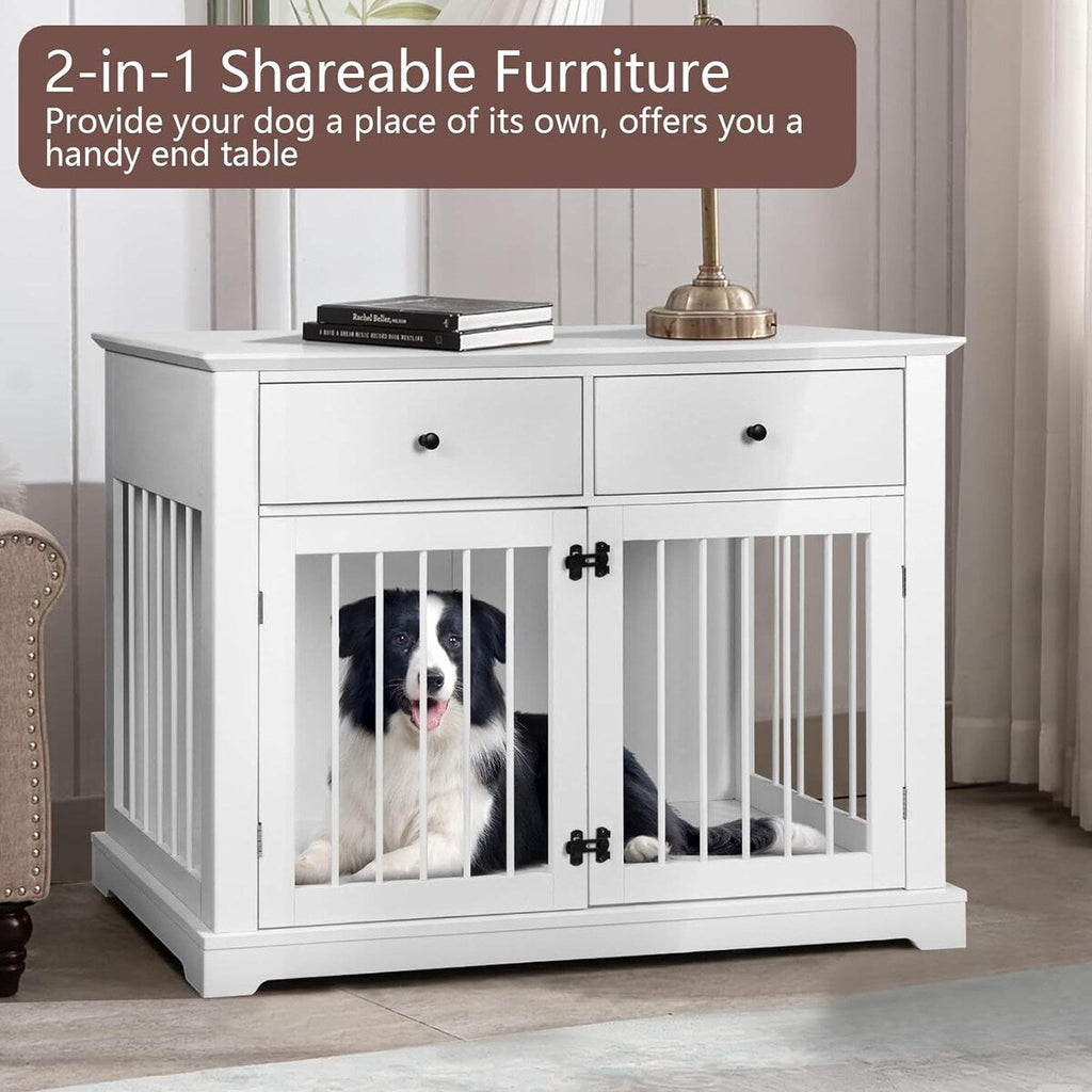 Cuccia per cani BOSSIN da 44 pollici, mobile in legno con tavolino laterale e cassetti contenitori, cuccia decorativa per animali domestici