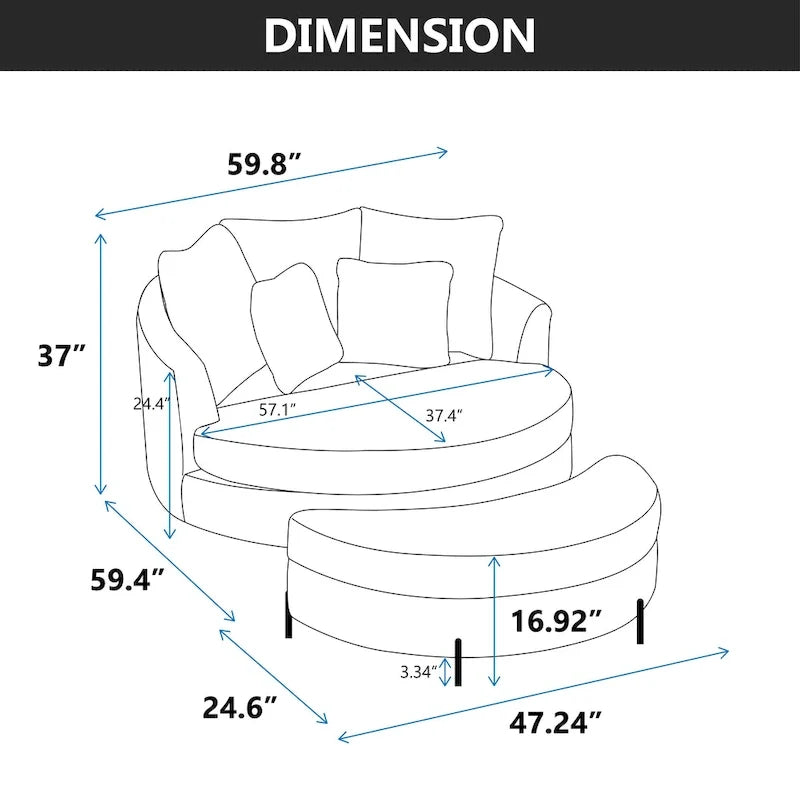 Fauteuil canapé moderne rond de style tonneau avec 5 coussins et pouf en option