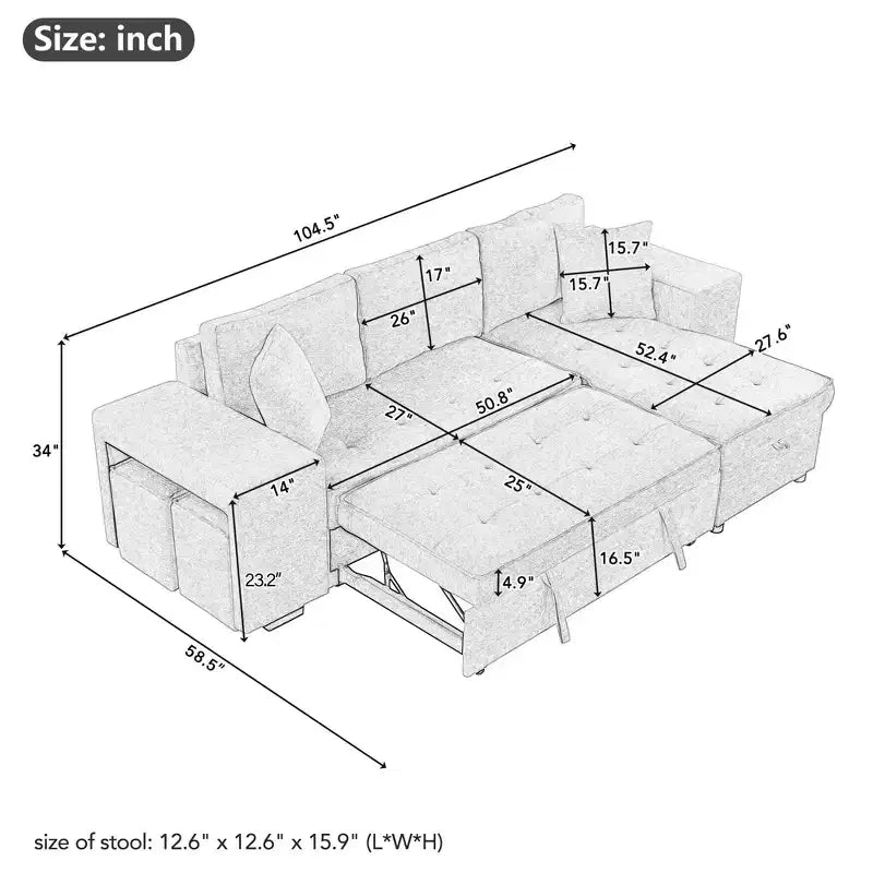Divano componibile letto reversibile a L da 104.5 con chaise longue contenitore e 2 sgabelli - Divano letto trasformabile a 3 posti per il soggiorno