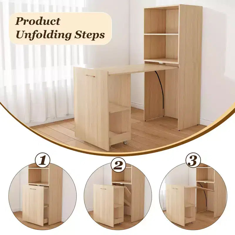 Bureau extensible TUYOHW, bureau pliant pour la maison avec étagères de rangement et roulettes, poste de travail mobile pour petits appartements et bureaux