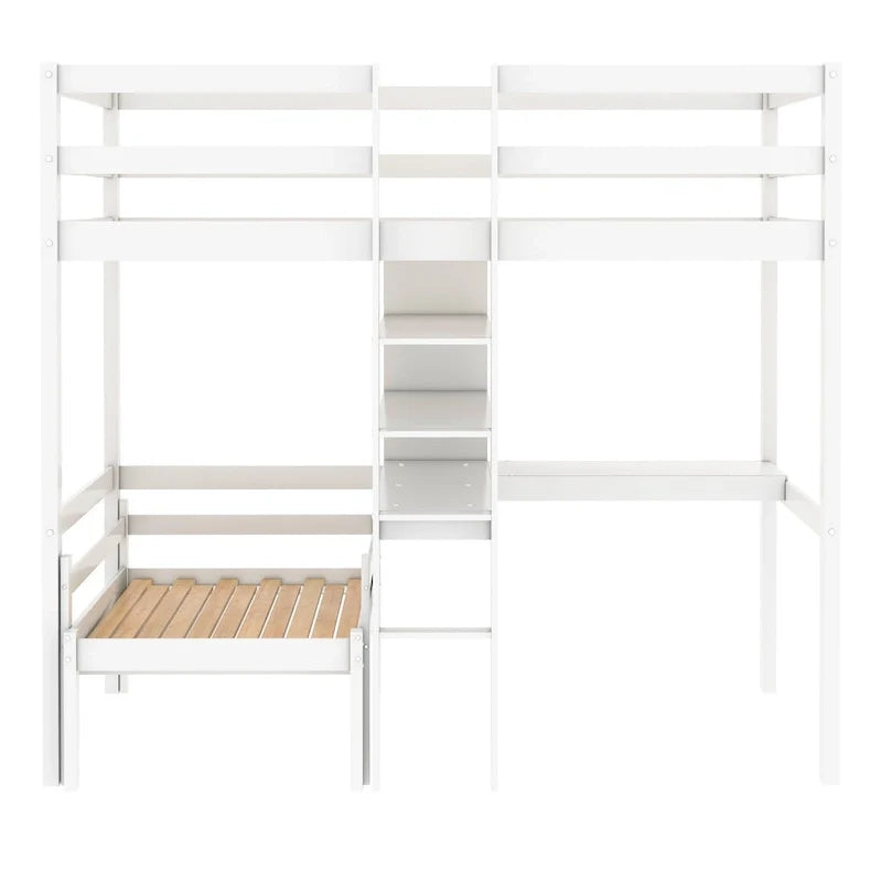Hochbett mit L-förmigem Schreibtisch, Etagenbett in Twin-Größe mit Regalen und Leiter, weiß