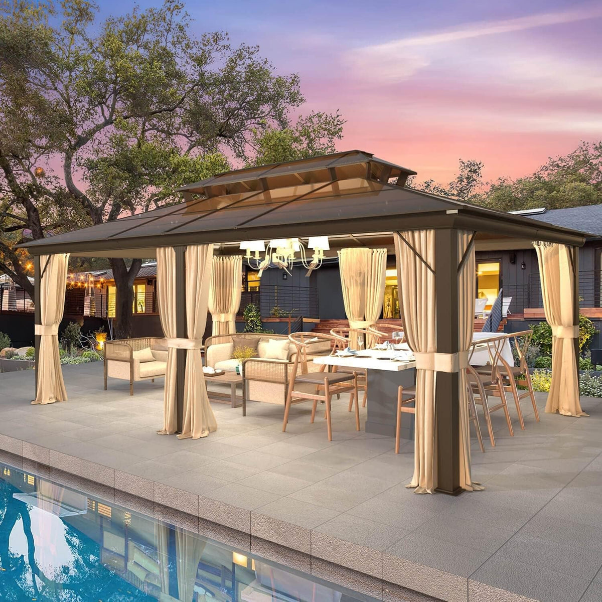 EROMMY hardtop-paviljoen, pergola voor buiten met dubbel dak, netten en gordijnen, extra stevig zonnescherm voor terras, achtertuin en zwembadfeest