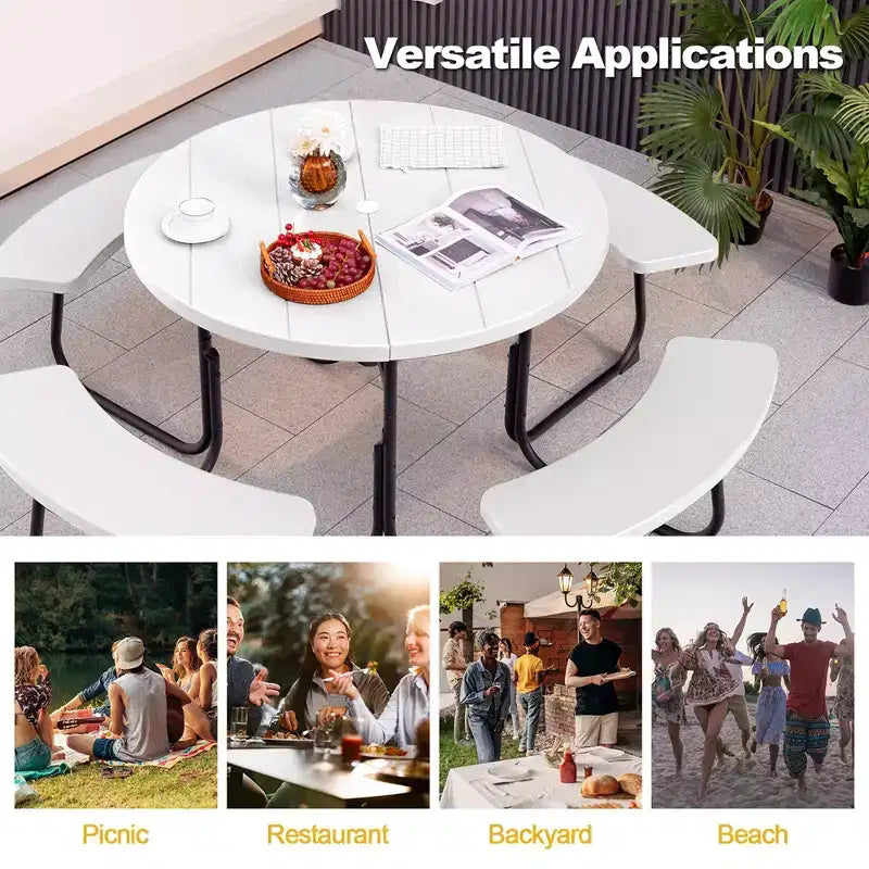 Costway Rundes Picknicktisch-Bank-Set für 8 Personen für den Außenbereich, mit 4 Bänken und Schirmloch, Schwarz/Grau/Grün/Weiß