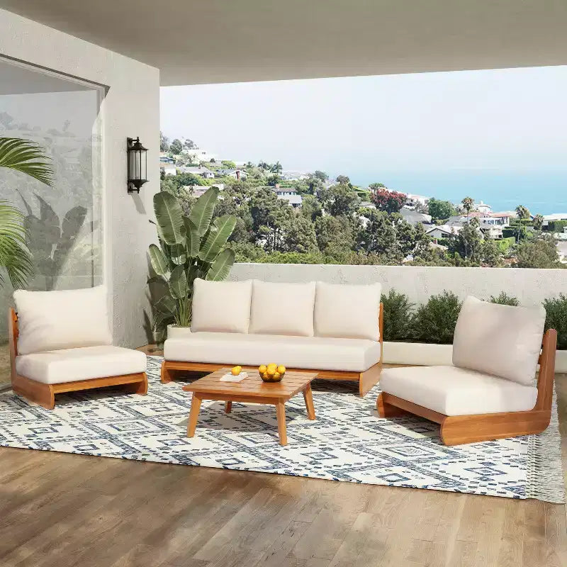 Christopher Knight Home Tavriel moderne Sitzgruppe im Mid-Century-Stil für die Terrasse aus Akazienholz mit 5 Sitzplätzen und dicken Kissen, Tisch nicht enthalten