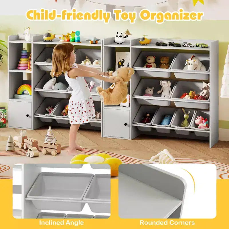 Costway Spielzeugaufbewahrung und Bücherregal für Kinder, Bücherregal aus Holz mit 4 kleinen und 4 großen Boxen, Grau/Weiß
