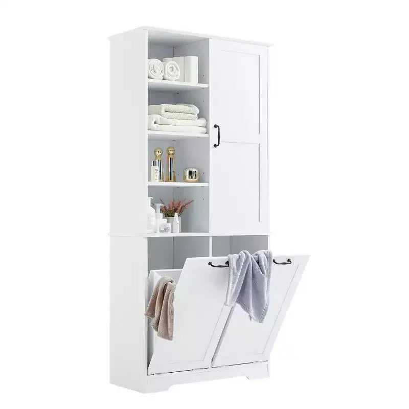 Meuble de rangement pour salle de bains avec portes et tiroirs, panier à linge basculant, nombreux espaces de rangement, modèle autoportant