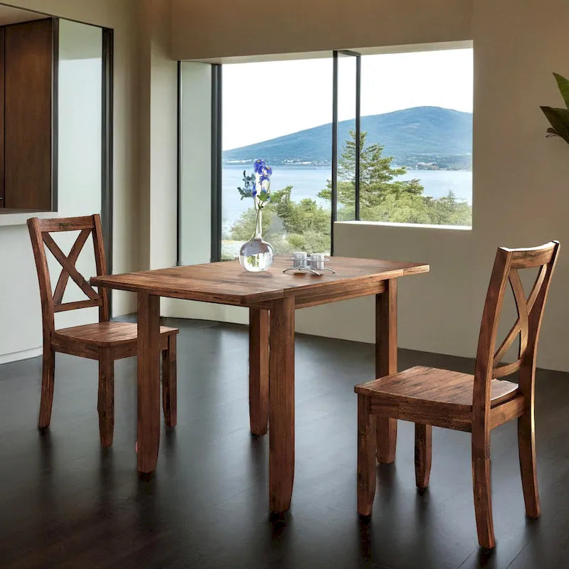 Ensemble de table de petit-déjeuner en bois à abattants, 3 pièces, avec 2 chaises à dossier en X, pour petits espaces