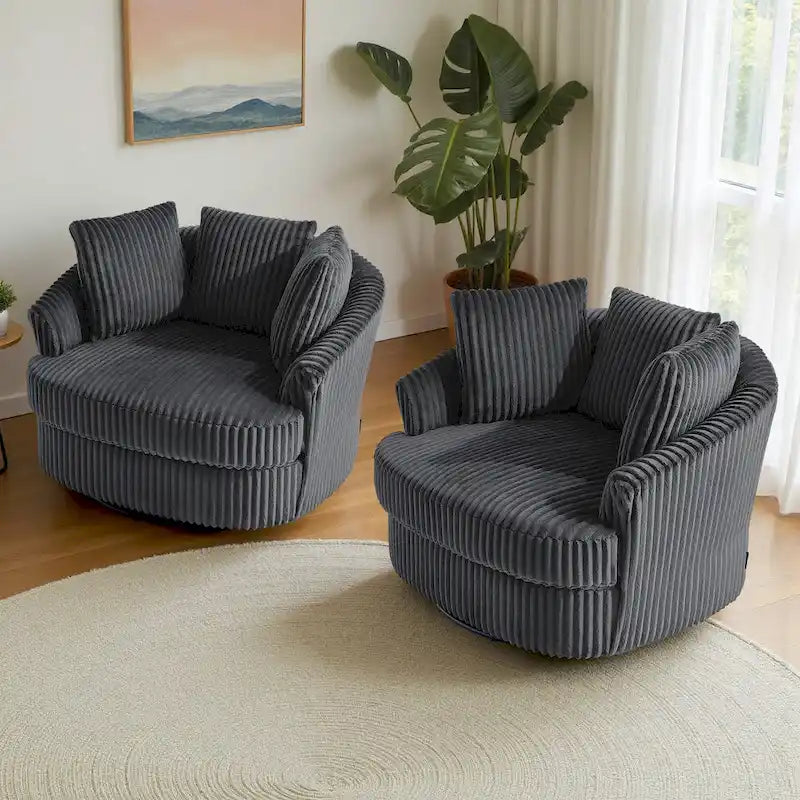 Set da 2 poltrone girevoli a botte oversize da 43 W in morbido velluto a coste con cuscini