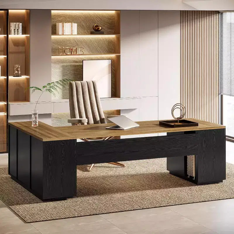 Bureau de direction d’angle Lantine 85.8 en forme de L, extra large, pour ordinateur, avec tiroirs classeurs pour bureau à domicile