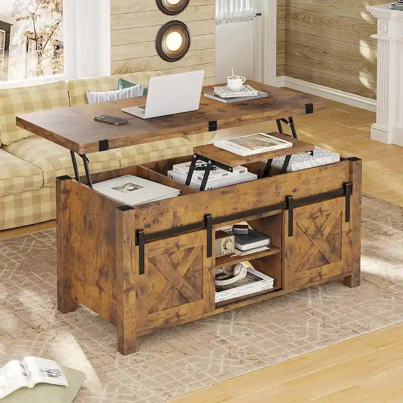 Table basse relevable avec 2 portes coulissantes de style grange, rangement et table à manger