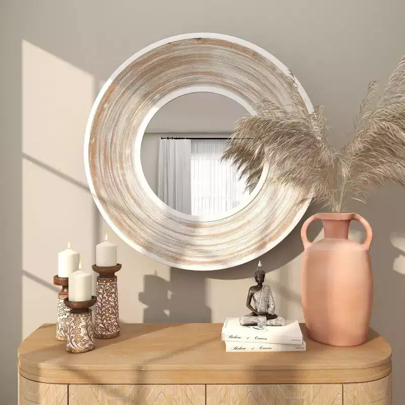 Specchio da parete in legno 35x35 con finitura effetto bianco decapato color crema - Olivia & May: nessun montaggio richiesto, cornice in MDF, per interni