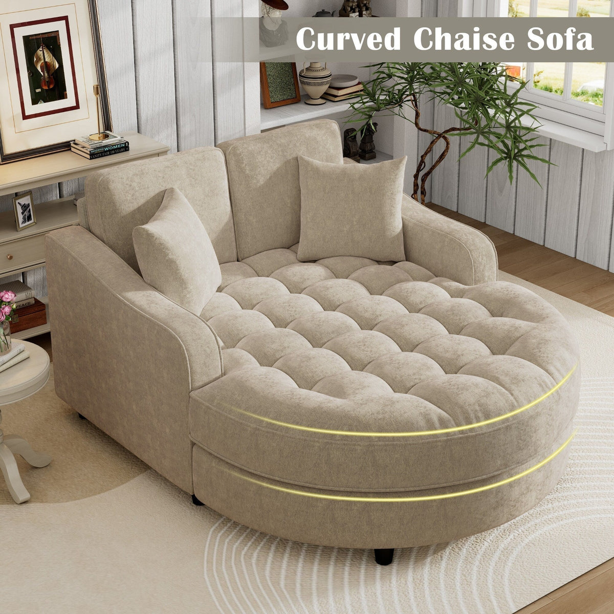 Chaiselongue-Schlafsofa aus Chenille, gepolstertes Sofa mit gesteppter Rückenlehne und 2 abnehmbaren Kissen für das Wohnzimmer