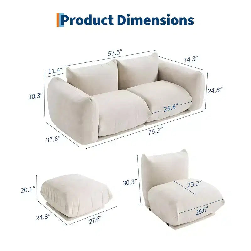 Modulares Zweisitzer-Sofa aus Chenille, Cloud-Couch mit hoch belastbarem Schaumstoff, platzsparendes Sofa ohne Gestell für Wohnung und Büro