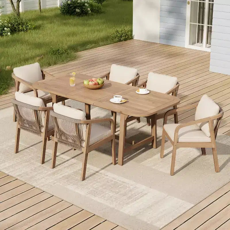 Christopher Knight Home Olcott 7-teiliges Garten-Esszimmer-Set aus Akazienholz mit ausziehbarem Tisch und geflochtenen Seil-Armlehnstühlen
