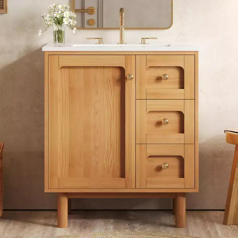 Mobiletto bagno in ceramica JVNOXK da 30 pollici, stile rustico moderno, con 3 cassetti e 1 grande anta a chiusura ammortizzata, mobile contenitore, venatura naturale del legno
