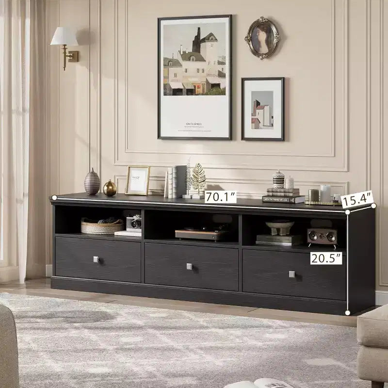 Mobile porta TV in stile modernista di metà secolo da 70 con cassetto contenitore e ripiani aperti