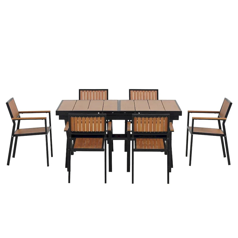 7-delige uitschuifbare eethoek voor buiten met uitschuifbare tafel en 6 stoelen met armleuningen